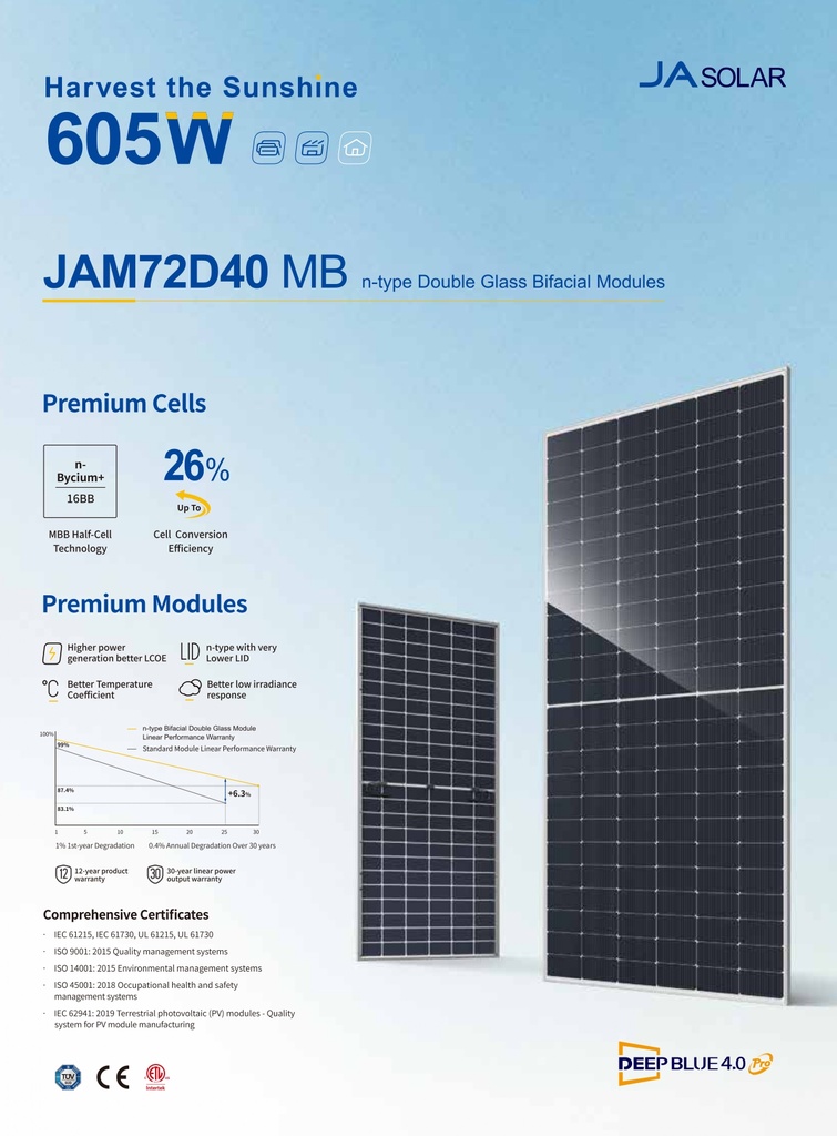 PANEL SOLAR JA SOLAR JAM72D40-605/MB N-Type (TOPCon) Deep Blue 4.0 Pro